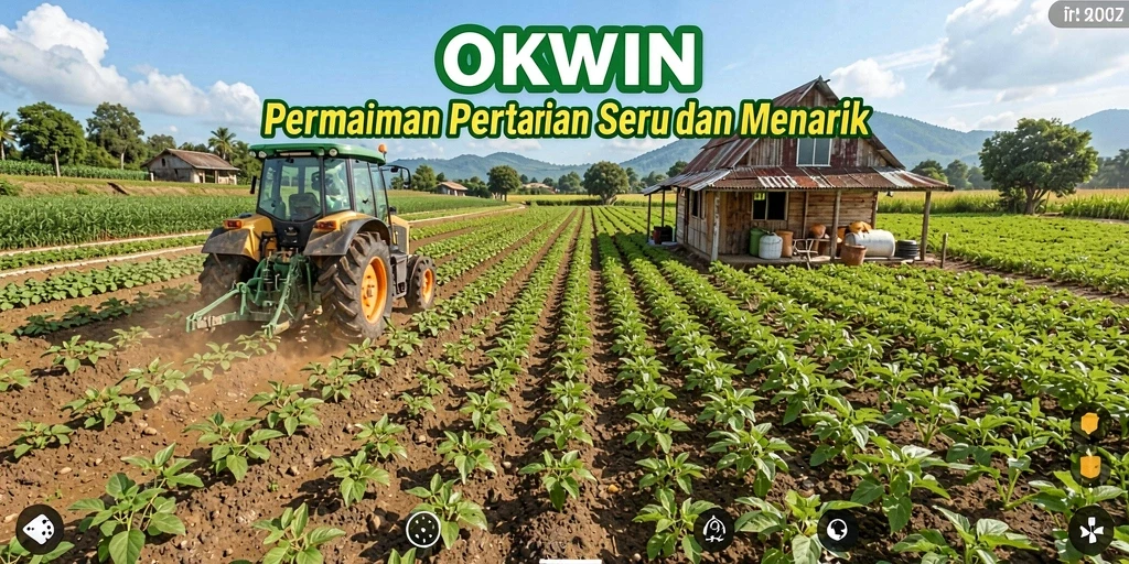 Tangkapan layar gameplay OKWIN menunjukkan suasana pertanian yang cerah dan penuh warna.